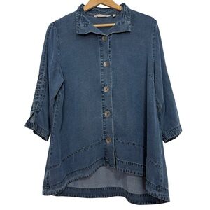 Soft Surroundings Button Up Shirt Chambray Blue Tencel Casual Top Petite Large